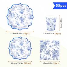 Conjunto de Suprimentos Descartáveis para Festa de Porcelana Azul e Branca com Formato de Pétalas, Pratos, Guardanapos, Copos - Adequado para 10 Convidados, Pratos de Papel Descartáveis para Festa, Aniversário, Casamento, Piquenique - Estilo 1 - Visão 2