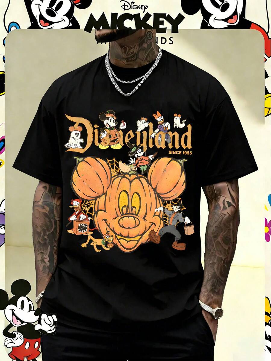 Disney Official Licensed Disneyland Halloween Pumpkin Mickey Print 220g Cotton Crew Neck Unisex Tee - 黑色 - 查看 1