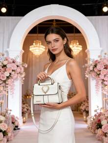 1件装心形皇冠设计女士PU皮革软皮手提包/单肩包/斜挎包，白色优雅托特包，适合婚礼、音乐节等场合 - 白色 - 查看 4