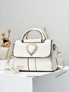 1件装心形皇冠设计女士PU皮革软皮手提包/单肩包/斜挎包，白色优雅托特包，适合婚礼、音乐节等场合 - 白色 - 查看 6