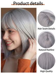 12 Inch Silver Gray Bobbed Wig With Bangs - High Quality Synthetic Material, Adjustable Cap, Natural Parting | Y2K Style - Silver - View 2