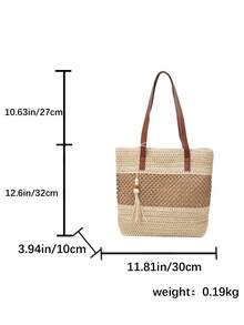 Straw Woven Bag, Vacation Beach Bag, Large Capacity Woven Tote, Shoulder Handbag With Pendant - Beige - View 3