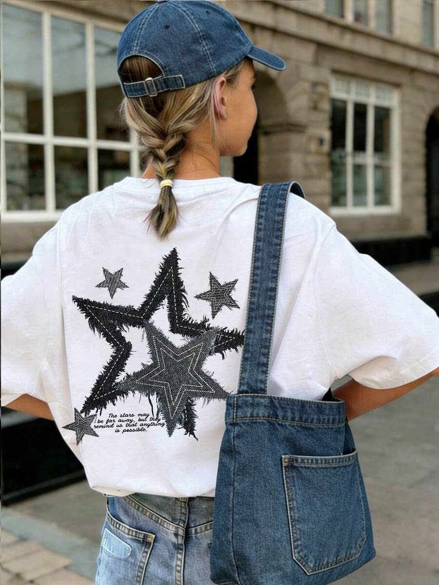 1 pieza Camiseta de manga corta con estampado de estrellas y flecos para niña preadolescente, blusa de verano para estudiantes y niños pequeños - Blanco - Ver 1