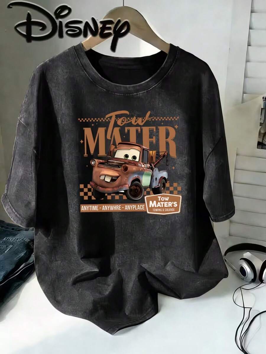 Disney Cars Mater Tow Mater Vintage Washed Tow Truck Rescue Slogan Creative Print Stylish Oversized Vintage T Shirt 2026 Spring Summer Crew Neck T Shirt Vintage Fashion Lovers Popular Vintage Crew Neck T Shirt - Black - View 1