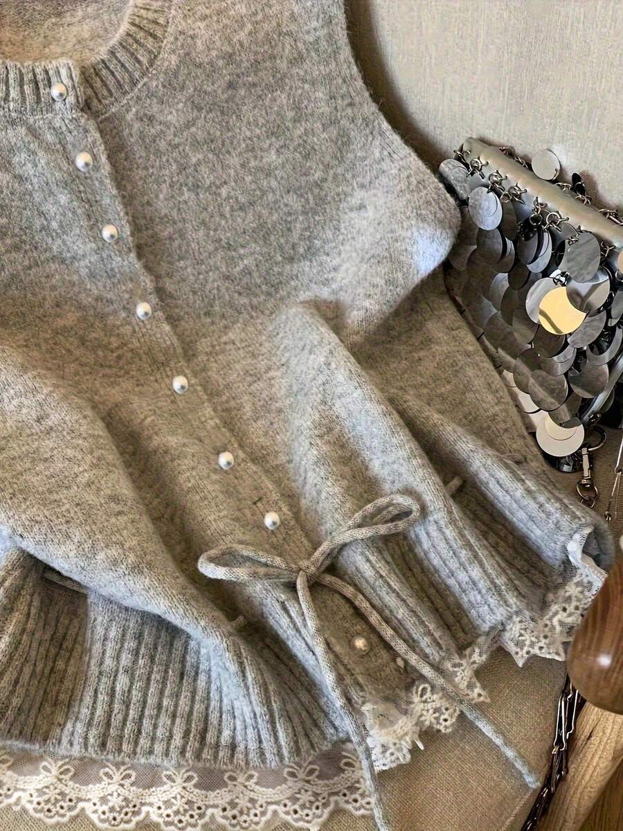 女士浅灰色马海毛珍珠纽扣无袖吊带背心 | 抽绳腰带蕾丝边吊带衫 | 优雅叠穿上衣，适合休闲和约会之夜的春季穿搭 - 灰色 - 查看 1