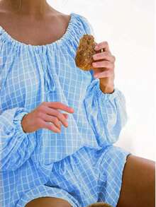 Women Plaid Outfit, Long Sleeve Tie-Up Crew Neck T-Shirt With Elastic Waist Shorts Summer Outfit - 淺色水洗藍 - 查看 4