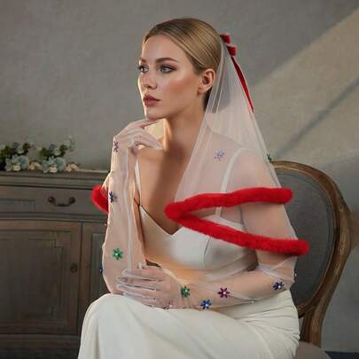 1 Set Colorful Dreamy Bridal Shawl, Gloves, Snowflake Decor Long Shawl, Wedding Dress Outer Wear