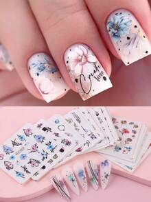 24pcs Spring & Summer Colorful Ink Smoke, Floral, Geometric Pattern Water Transfer Nail Art Stickers, Nail Decor Supplies - Multicolor - View 2
