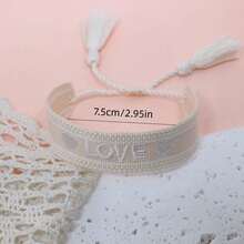 1pc Embroidered Heart & Letter "LOVE" Handmade Braided Bracelet, Vintage Tassel Boho Style, Suitable For Friends, Family, Holidays, Travel, Parties, Weddings, Gift - Beige - View 4