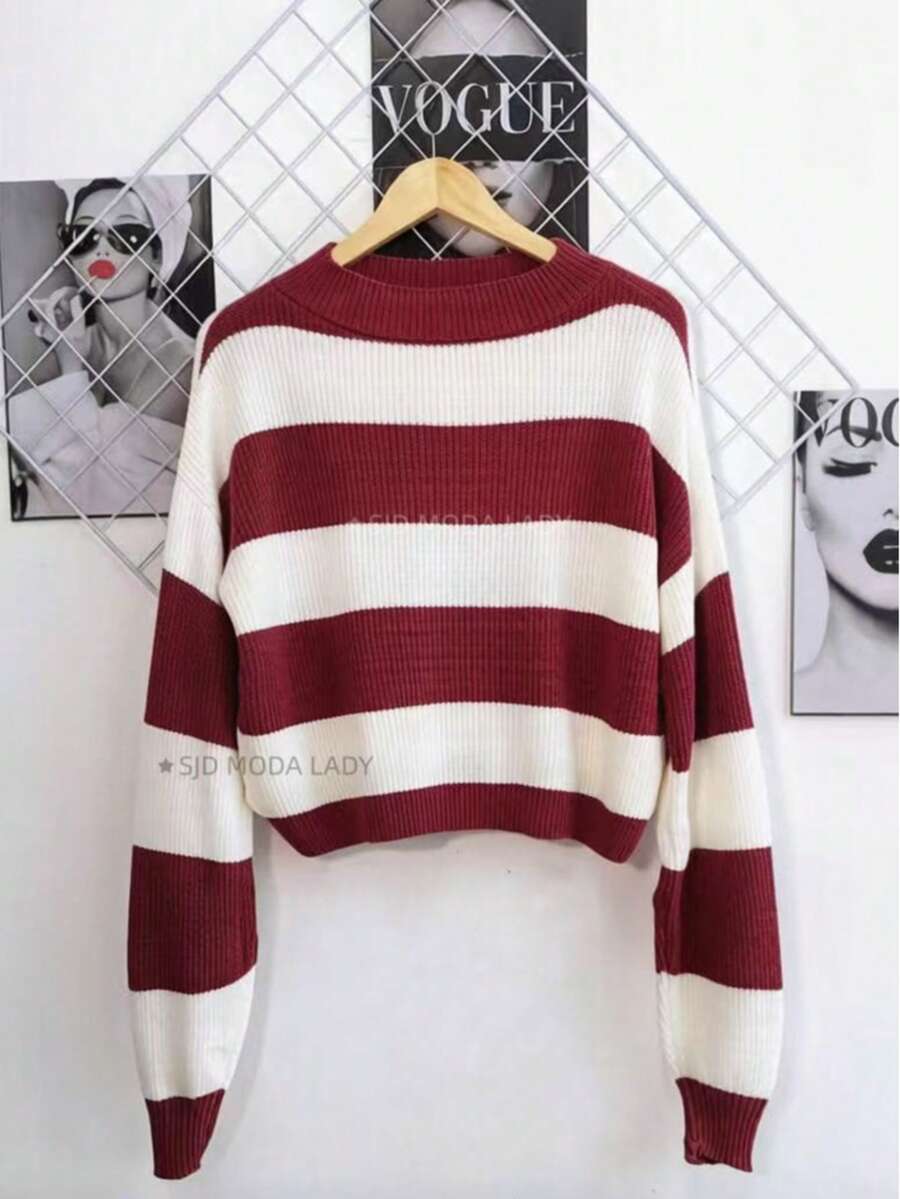 SJD MODA LADY Women's Striped Modal Knit Sweater, Solid Cropped Blouse For Women, Super Autumn, Winter, Wool Top, Dropped Shoulder, Round Neck, Long Sleeve, Daily Wear, Office, Magazine Style, , Romantic, Retro, Casual, Chic, University, Minimalist, Versatile, Korean, Y2k, Teenager, Youth - 條紋酒紅 - 查看 1