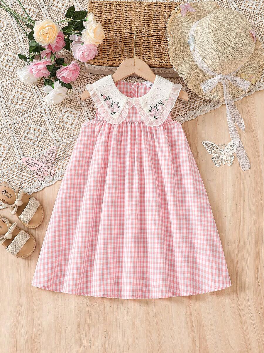 Đầm hè thường ngày cho bé gái, đầm chiffon không tay cổ bẻ họa tiết hoa thêu, đầm kẻ caro ngọt ngào thích hợp cho các hoạt động ngoài trời hàng ngày. - Màu Hồng  Dưa hấu - Xem 1