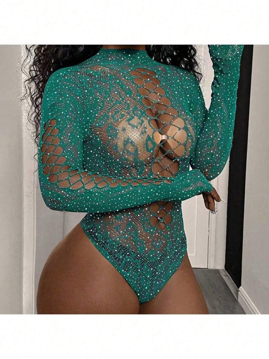 1 pieza Bodystocking de encaje floral sexy, ropa interior para dormir - Verde - Ver 1