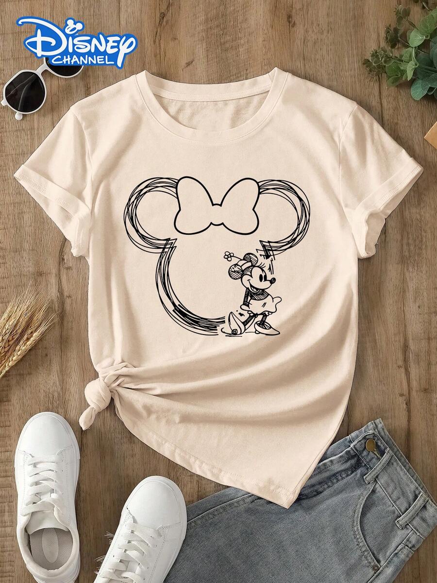 Disney Lady's T-Shirt, Featuring A Mickey Mouse Line Cartoon Pattern Print. Spring/Summer Style Women's Round-Neck T-Shirt. The Fabric Is Soft, Comfortable And Breathable, Suitable For Daily Wear, Shopping, Traveling, Parties, And When At Home. It Is Also Suitable As A Beautiful Gift. Every Lady Deserves To Own One. - Màu be - Xem 1