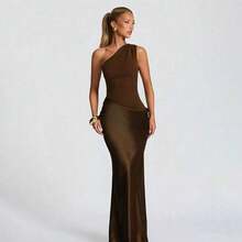 Women's Elegant Ruched Bodycon Mini Dress, Sexy V-Neck Sleeveless Party Club Dress, Slim Fit Stretchy Cocktail Evening Robe Spring Wedding - Brown - View 2