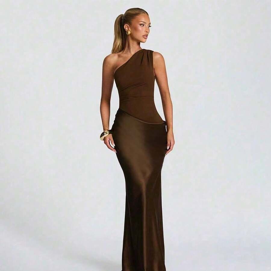 Women's Elegant Ruched Bodycon Mini Dress, Sexy V-Neck Sleeveless Party Club Dress, Slim Fit Stretchy Cocktail Evening Robe Spring Wedding - Brown - View 1