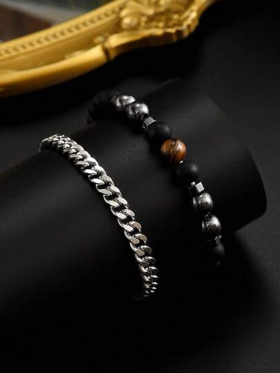 2 piezas Pulsera de cuentas de ojo de tigre estilo de negocios para hombres + Pulsera de cuentas de acero inoxidable en capas, joyería de cuentas de doble capa para hombres, accesorios de estilo callejero adecuados para uso diario y fiestas