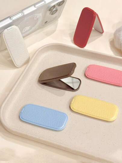 1件装纯色皮革纹理粘贴式镜子手机支架，便携式化妆镜和手机支架，适用于手机和平板电脑