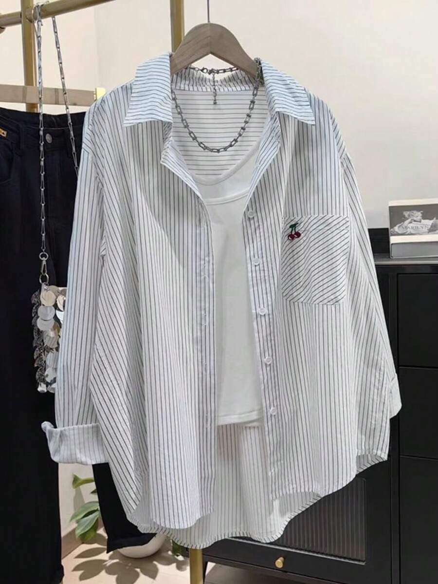Women's Solid Color Pocket Embroidery Button Casual Shirt Summer - White Cherry - View 1