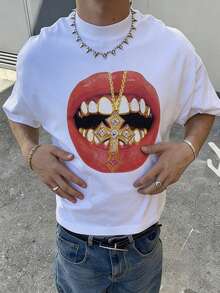 Fractyr Camiseta de cuello redondo de uso casual y holgado con estampado de labios con rhinestones para hombre, verano - Blanco - Ver 1