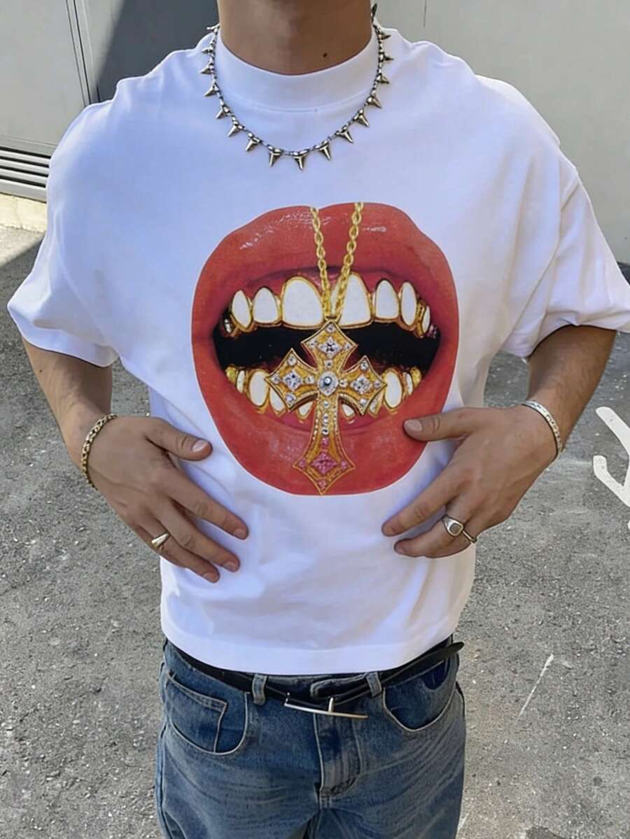 Fractyr Camiseta de cuello redondo de uso casual y holgado con estampado de labios con rhinestones para hombre, verano - Blanco - Ver 1