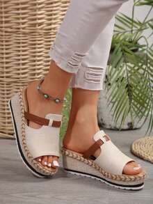 Sandalias de cuña con plataforma retro, cómodas y elegantes para mujer, fáciles de poner, zapatos de mujer - Beis - Ver 2