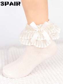 1 双女孩纯色袜子，带仿珍珠和蝴蝶结装饰，双层荷叶边，适合日常穿着 - 白色 - 查看 10
