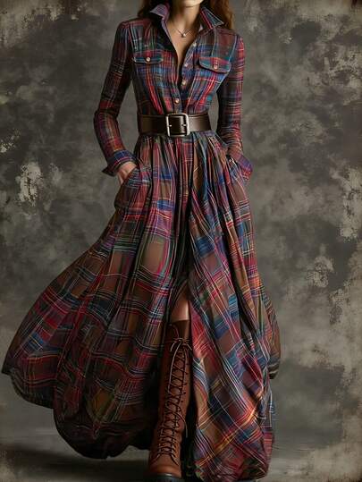Falda larga para mujer, falda retro a cuadros de colores de moda, diseño de dobladillo extra ancho, vestido camisa con botones elegante, adecuado para fiestas y reuniones (cinturón no incluido)