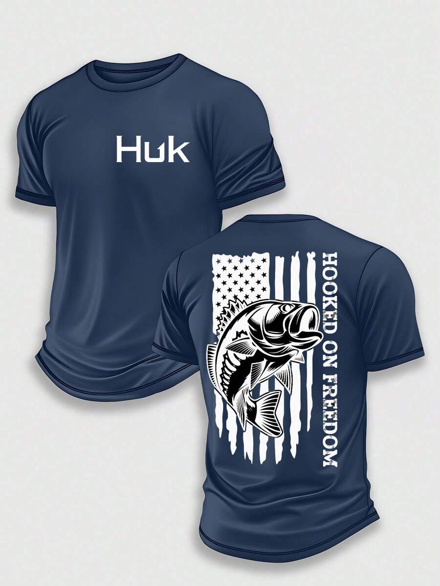 (220 Pieces Of Pure Cotton T-Shirts)HUK HOOKED ON FREEDOM Performance Fishing T-Shirt, Moisture Wicking Quick Dry Tee, High-Quality Graphic Printed Outdoor Sportswear, Men's Short Sleeve Shirt, American Flag Bass Art, Patriotic Slogan Graphic, Holiday Gift, Performance Gear, Lightweight Breathable, Camisetas Para Hombre, Men Vacation Outfits, Urban Outdoor Style - Navy Blue - View 1