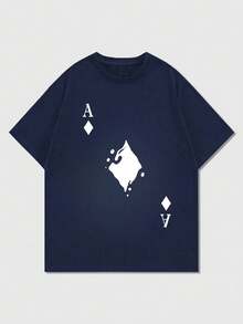 男士极简扑克牌印花短袖T恤，舒适透气，适合夏季穿着，引领时尚潮流 - 藏蓝色 - 查看 5