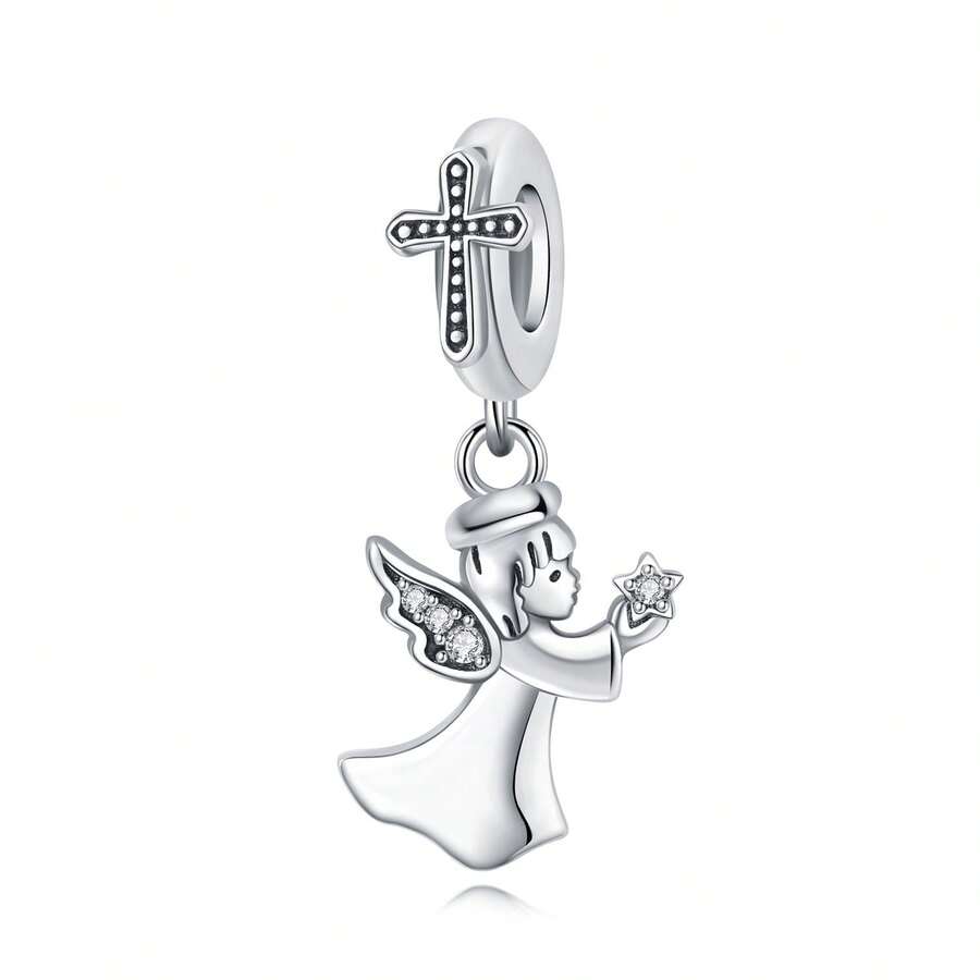 CYMYSS 1 pieza Estilo europeo y americano Colgante de ángel con estrella incrustada de circonita cúbica plateada en plata 925, adecuado para Navidad/uso diario
