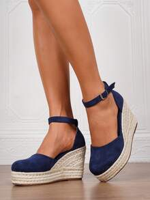 女士仿皮坡跟凉鞋，夏季度假款，方头套脚鞋，3.54英寸鞋跟，踝带编织草底镂空鞋，尺码34-43 - 藍色 - 查看 7