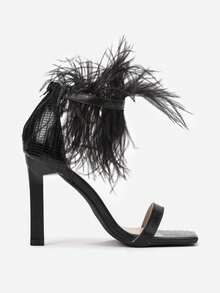 Women's Fashionable Elegant Feather Decor High Heel Sandals, Suitable For Party Occasions - Hitam - View 5