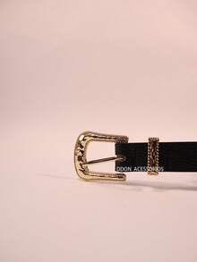 Women's Thin Belt With Vintage Gold Buckle, Elegant Adjustable PU Leather Belt For Dresses, Jeans, And Women's Fashion - 黑色 - 查看 3