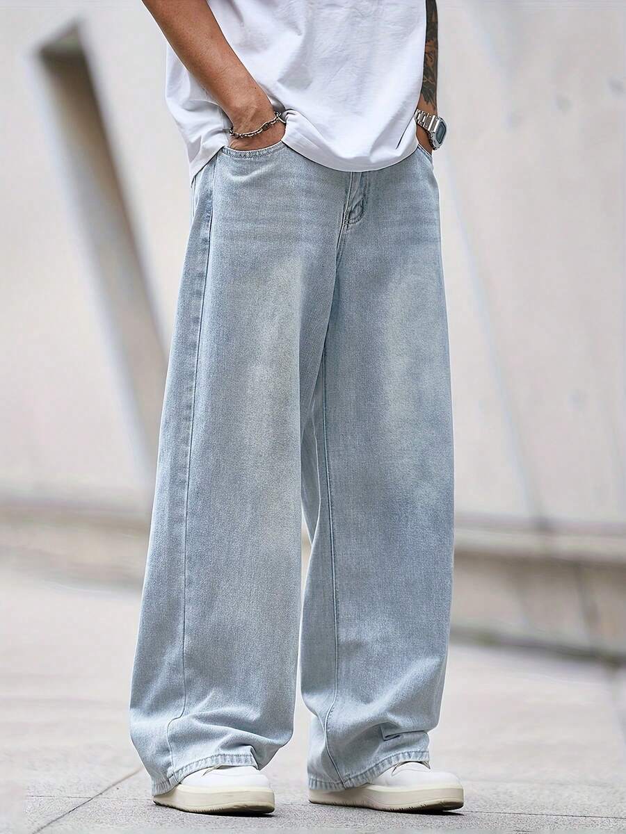 男士休闲宽松浅蓝色牛仔裤 - 淺藍色 - 查看 1