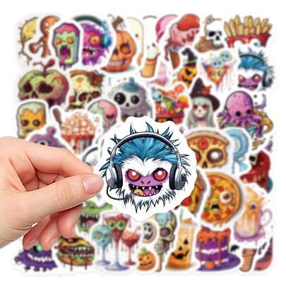 50张新款万圣节恐怖食物贴纸，适用于笔记本、笔记本电脑、计划本、手机壳装饰剪贴簿用品文具趣味贴纸