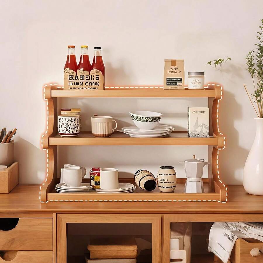 3-Tier Natural Bamboo Countertop Shelf, Multifunctional Kitchen Storage Organizer For Spice, Dishes, Coffee Bar, Bathroom Vanity, And Desktop,Home Décor,Room Deocr - View 1