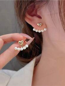 Minimalist Small Heart Faux Pearl Stud Earrings Korean Fashion Jewelry For Women Valentine's Mom Mother's Day Gift - Trắng - Xem 1