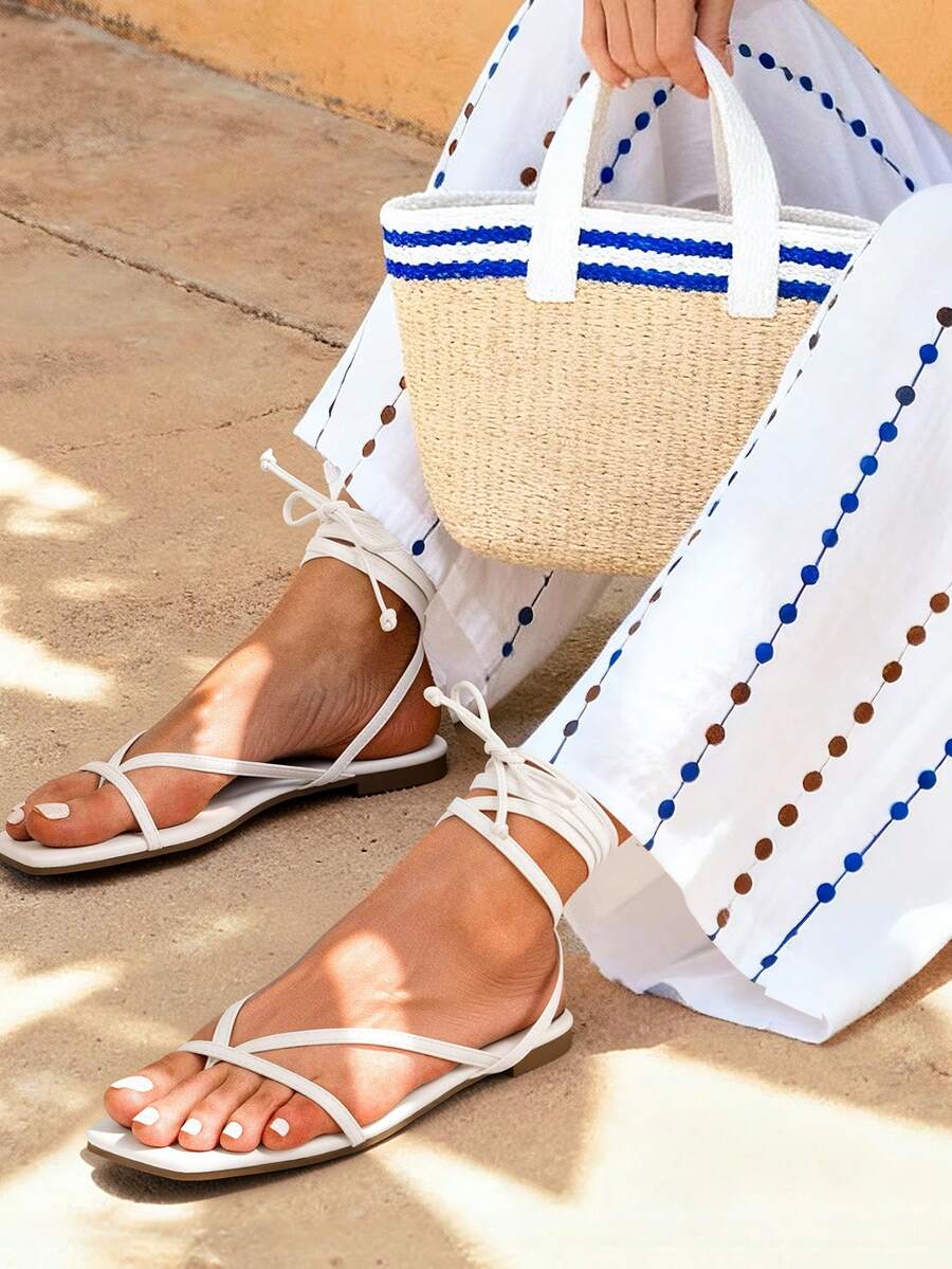 Womens Strappy Flat Sandals - Comfortable Lace Up Gladiator Dressy Sandals, Square Toe Tie Up Walking Sandal, Summer Wrap Up Vocation Sandal Mermaid Shoes - 白色 - 查看 1