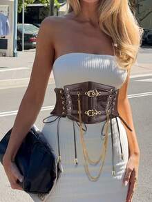 1pc Women's Coffee Brown Vintage Sexy Lace-Up Chain Elastic Metal Buckle Waist Cincher, Suitable For Holidays, Parties, Or Daily Commute Outfits - Coffee Brown - View 1