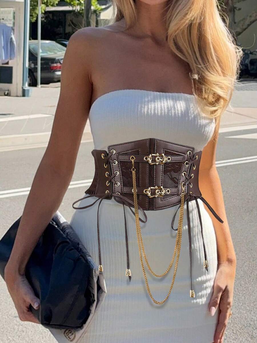 1pc Women's Coffee Brown Vintage Sexy Lace-Up Chain Elastic Metal Buckle Waist Cincher, Suitable For Holidays, Parties, Or Daily Commute Outfits - Coffee Brown - View 1