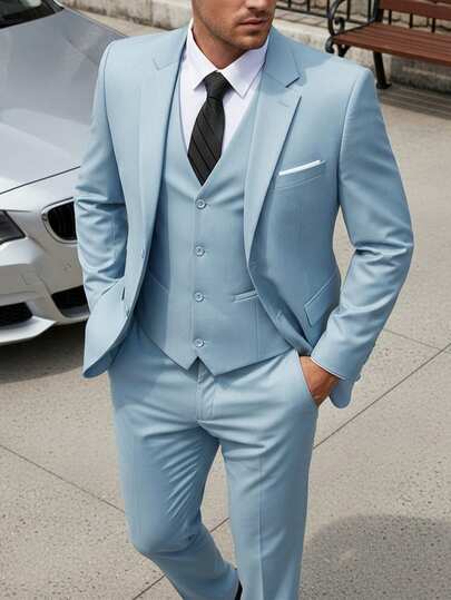 WindsorQuad Furuyal 三件套优雅男士西装套装，绅士纯色双排扣修身单排扣西装外套、马甲、西裤和领带套装，适合婚礼、派对等场合，天蓝色，尺码 XS-3XL
