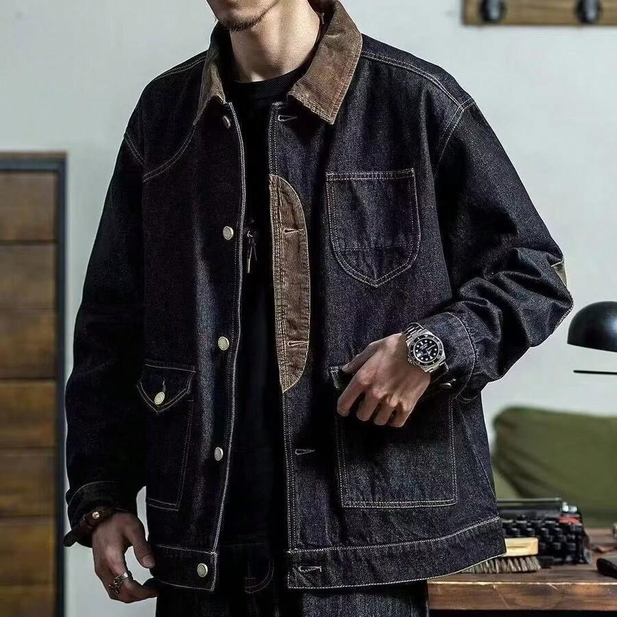 Chaqueta vaquera estilo coreano lavada para hombres, nueva marca de otoño e invierno, estilo retro americano casual con parches - Negro - Ver 1