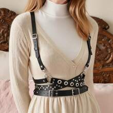 高腰PU腰带裤，配有装饰性链条肩带、可调节胸罩肩带，性感女士夜店装扮，独特时尚的服装。 - 黑色 - 查看 3