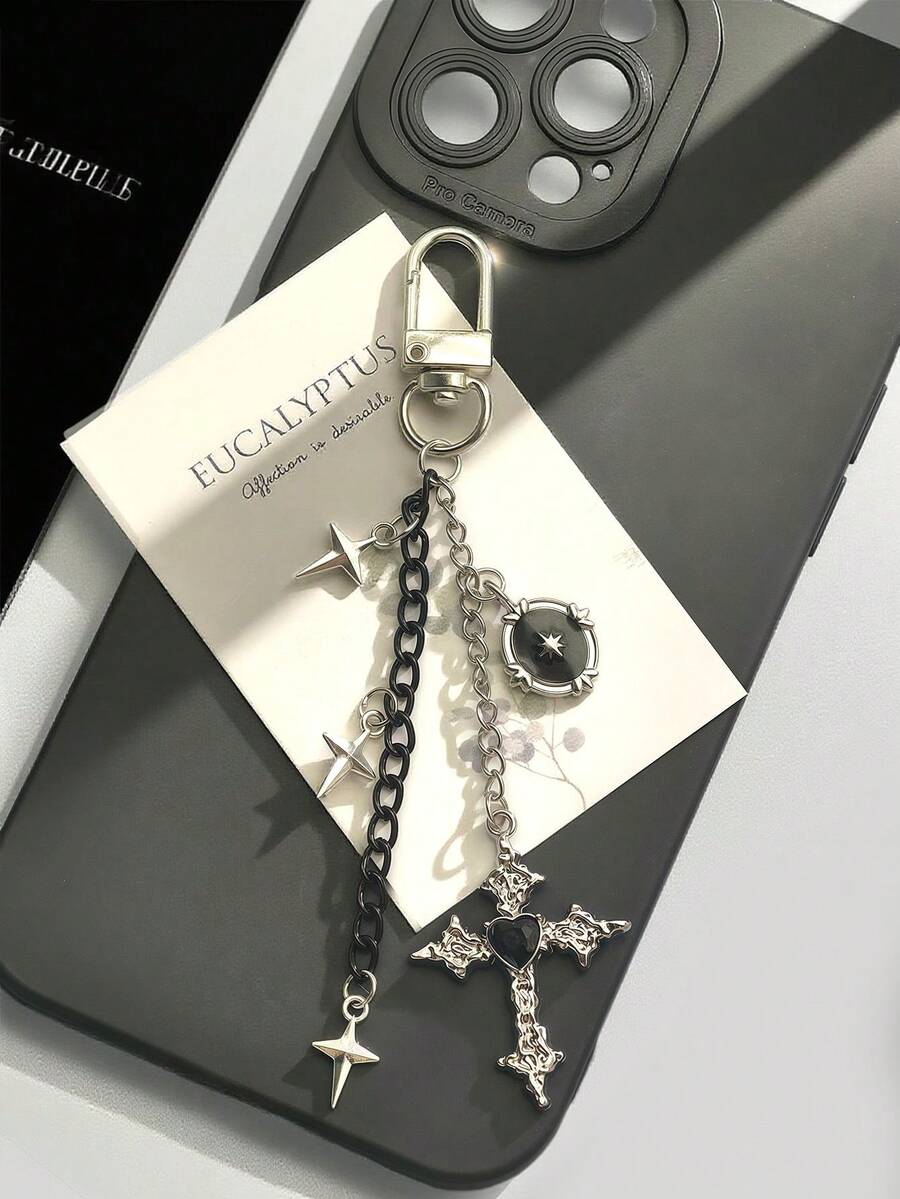 合金黑白多元素手机挂绳 1条装 热销暗黑风格十字手机挂绳，黑白撞色星心吊坠手机链，男女通用手机挂绳/钥匙扣，适合送给母亲、家人、朋友，生日、节日手机挂饰/挂绳（实际尺寸可能因拍摄角度和放大倍数略有不同）生日周年纪念礼物