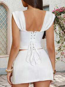 Apperloth A Áo corset satin trắng gợi cảm, áo hai dây trễ vai dáng ngắn dành cho nữ, có dây buộc điều chỉnh eo, thích hợp cho tiệc tùng, ngày Valentine, lễ hội âm nhạc, đám cưới, dã ngoại mùa xuân/hè. - trắng - Xem 2