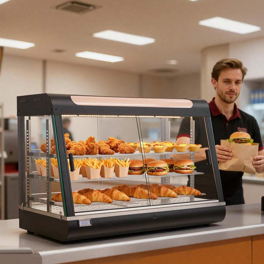 3-Tier Commercial Food Warmer Display, 1400W Food Display Warmer With LED Light, Top Storage And Adjustable Shelves, 86℉~185℉ Steam Heating, 137Qt/130L For Hamburger, Pizza, Bread, Fried Chicken - 35-inch - View 1