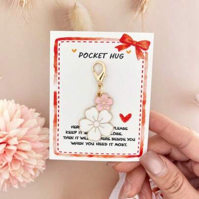 5pcs Elegant Floral Alloy Lobster Clasp Keychain Set, Includes Heart, Hug, Bow Greeting Card, Ideal Gift For Party, Students, Coworkers, Friends, Suitable For Birthday, Exam, Graduation, Encouragement, Holiday, Long-Distance Care, Great For Women, Teachers, Moms, Best Friends