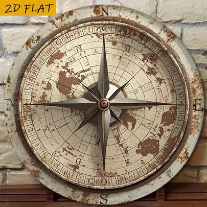 1pc 2D Flat - Vintage Compass Wall Decor | Round Plaque With Distressed Finish, Ideal For Home, Bar And Restaurant - Perfect For Nautical Theme Decor, Unique Christmas And Halloween Gift