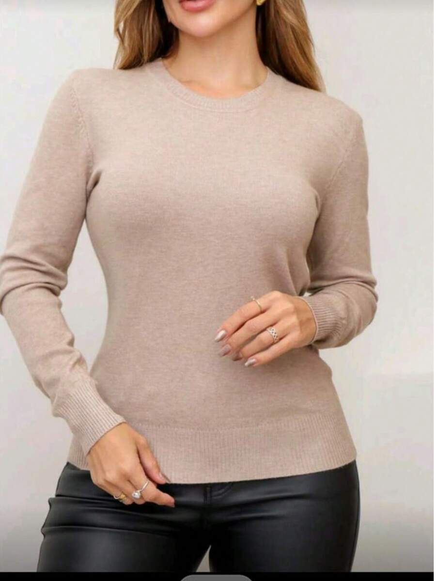 Women's Basic Long-Sleeve Knit Sweater, Plain, Winter - Apricot - View 1