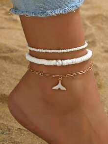 3 pièces/set Bracelet de cheville en perles de mode, forme de cœur minimaliste avec faux perles, décor de queue de sirène blanche, convient pour le port quotidien et les vacances à la plage - Multicolore - Voir 1